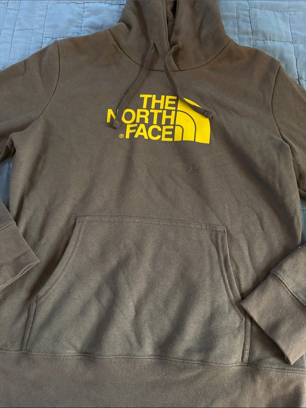 The North Face grey Pullover Hoodie with Yellow Logo
